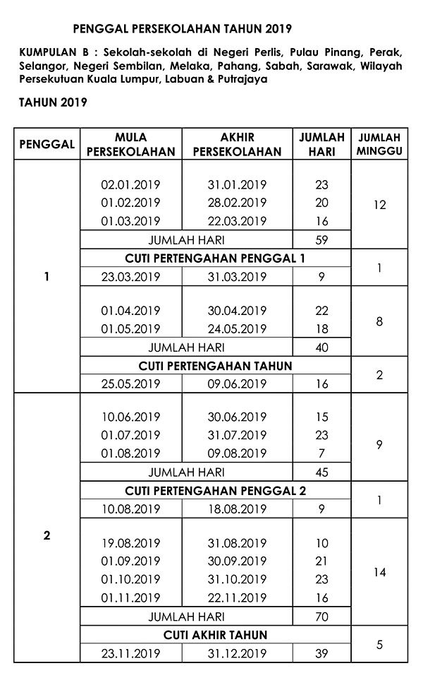 Takwim Persekolahan Sesi 2019 Azhan Co